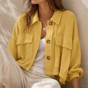 BUCKET LIST | Yellow Textured Button-Down oversized  Shacket Lightweight I Small